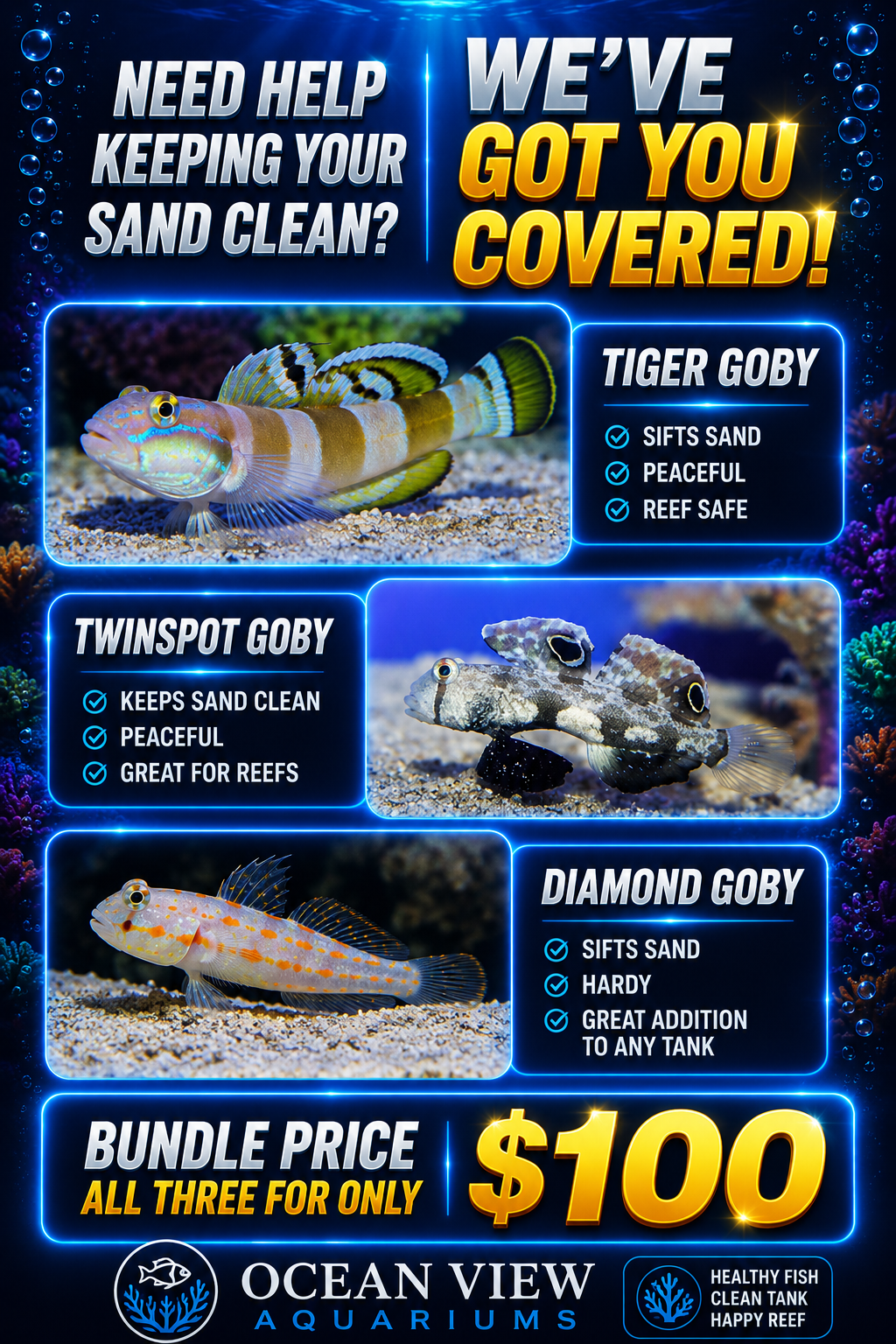 Tiger Goby, Diamond Goby,Twinspot Goby Pack